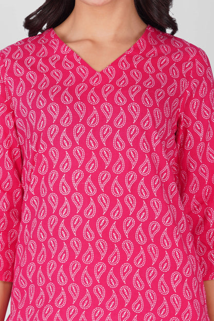 Sundari Pink V Neck Cotton Printed Pyjama Set