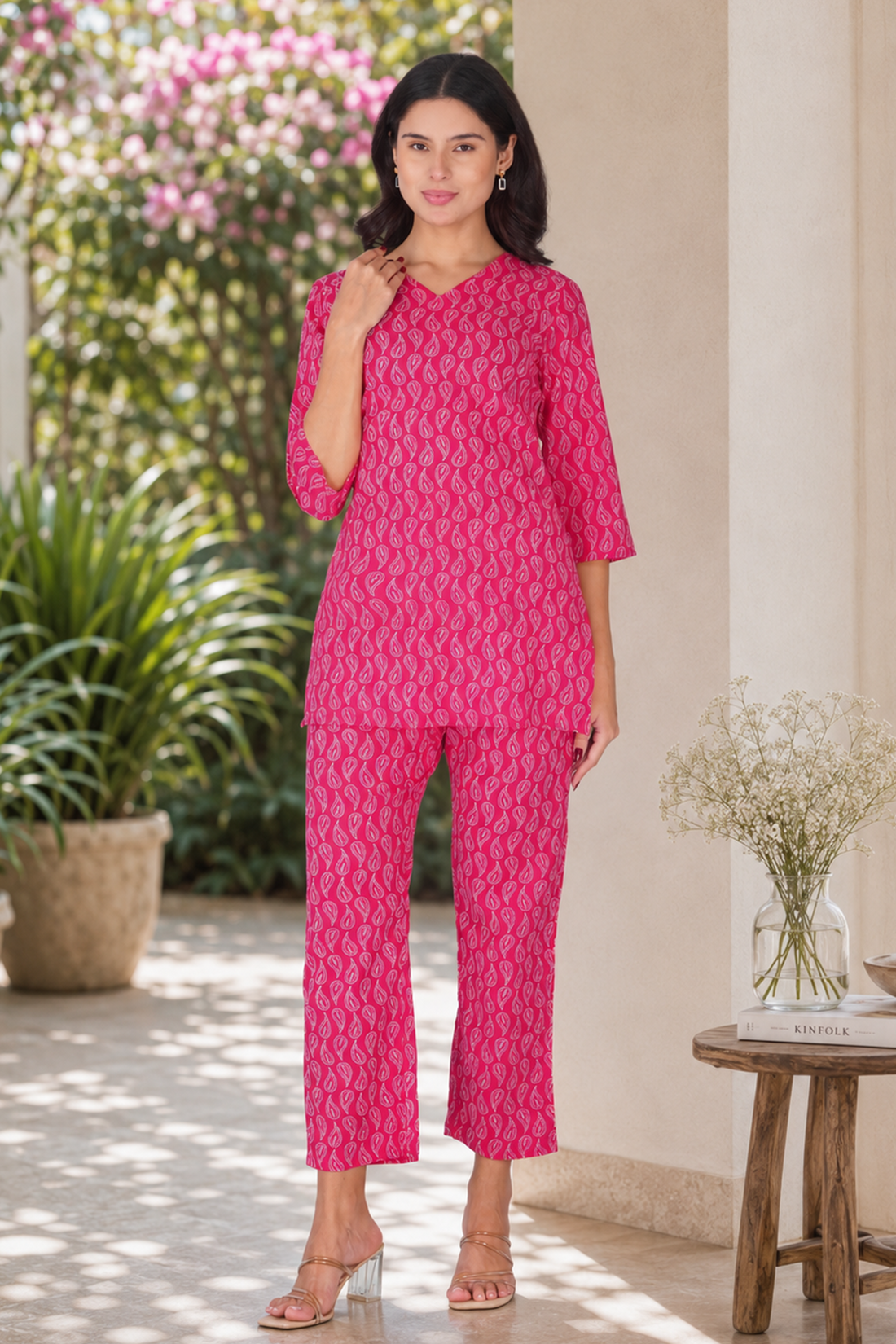 Sundari Pink V Neck Cotton Printed Pyjama Set