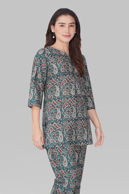 Teal Blue Cotton Printed Pyjama Set