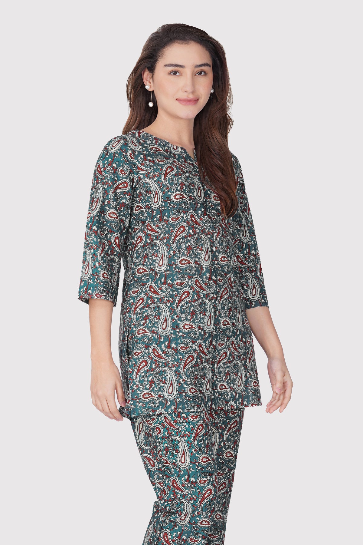 Teal Blue Cotton Printed Pyjama Set