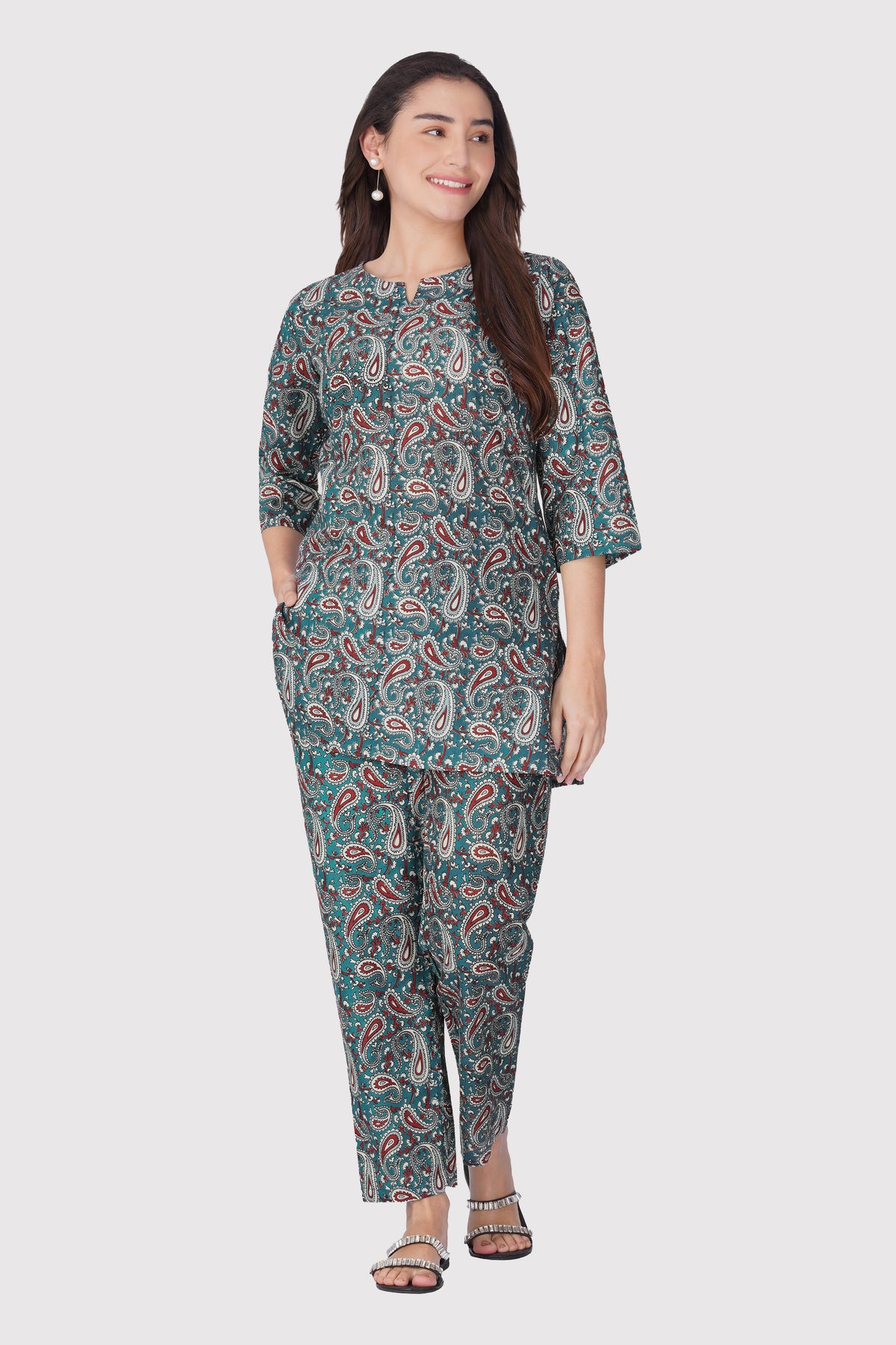 Teal Blue Cotton Printed Pyjama Set