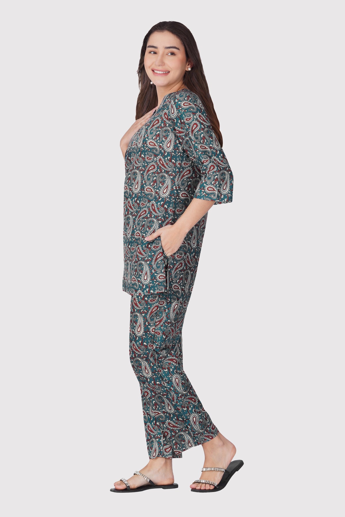 Teal Blue Cotton Printed Pyjama Set