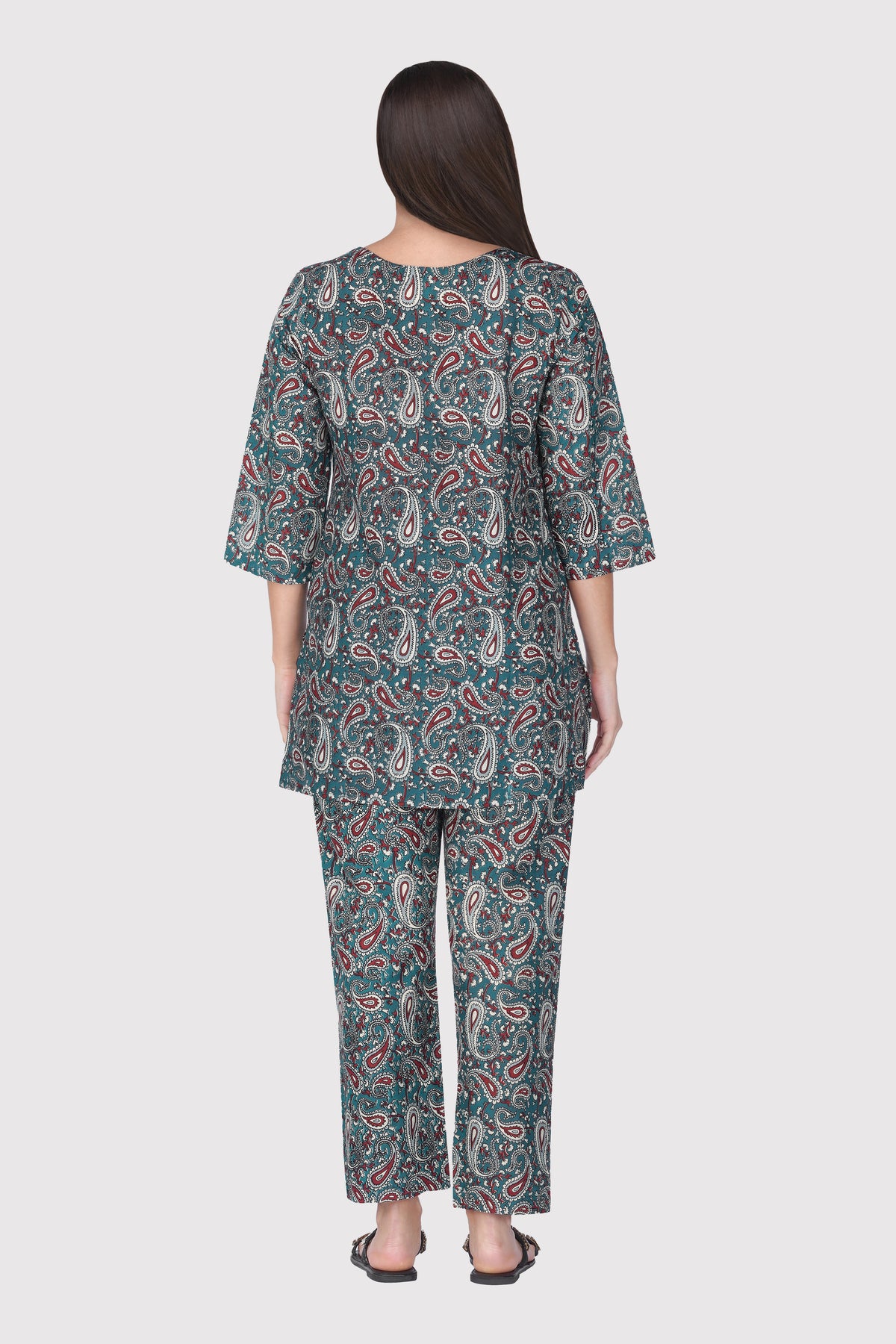 Teal Blue Cotton Printed Pyjama Set