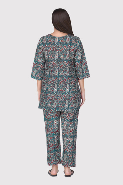 Teal Blue Cotton Printed Pyjama Set