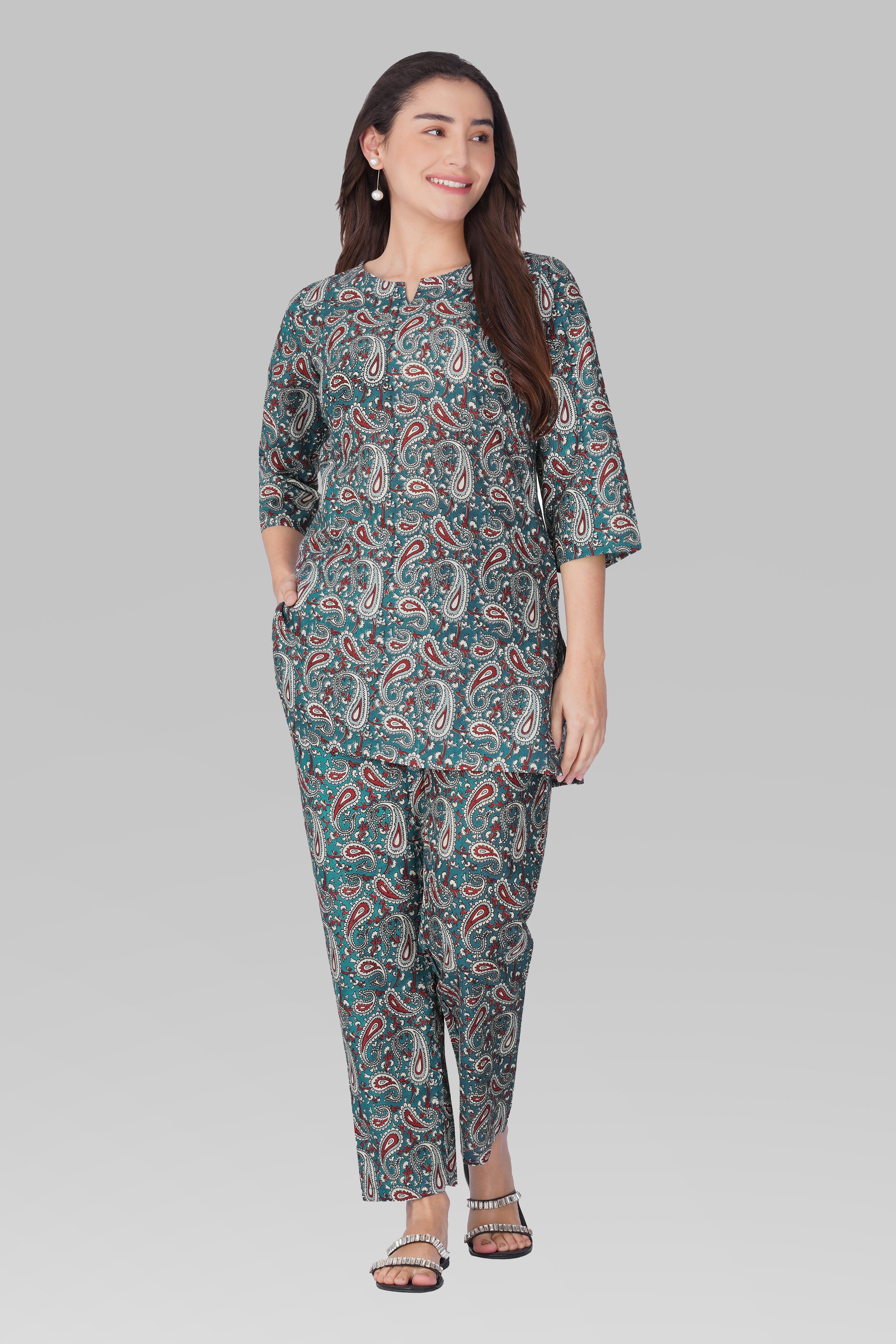 Teal Blue Cotton Printed Pyjama Set