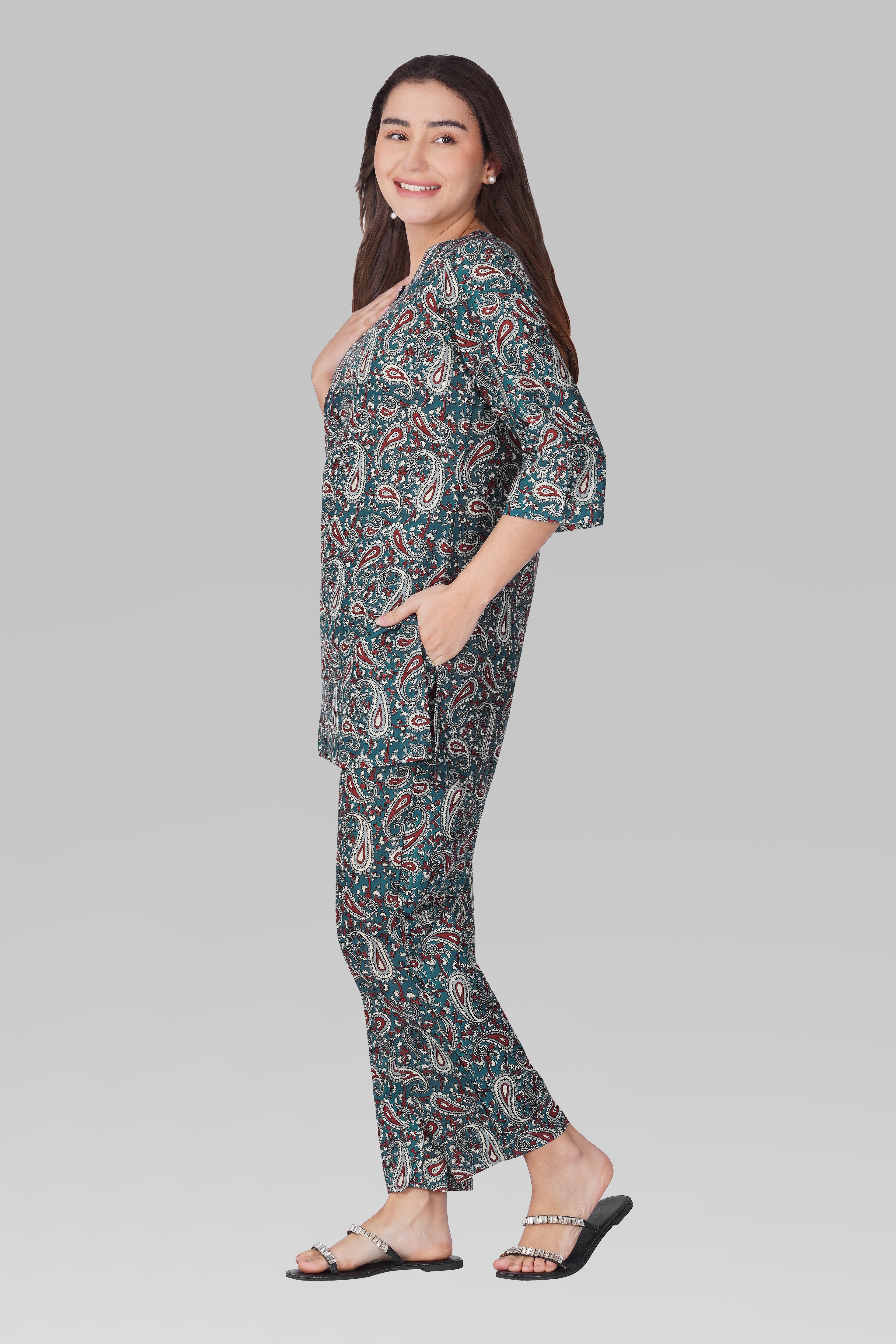 Teal Blue Cotton Printed Pyjama Set