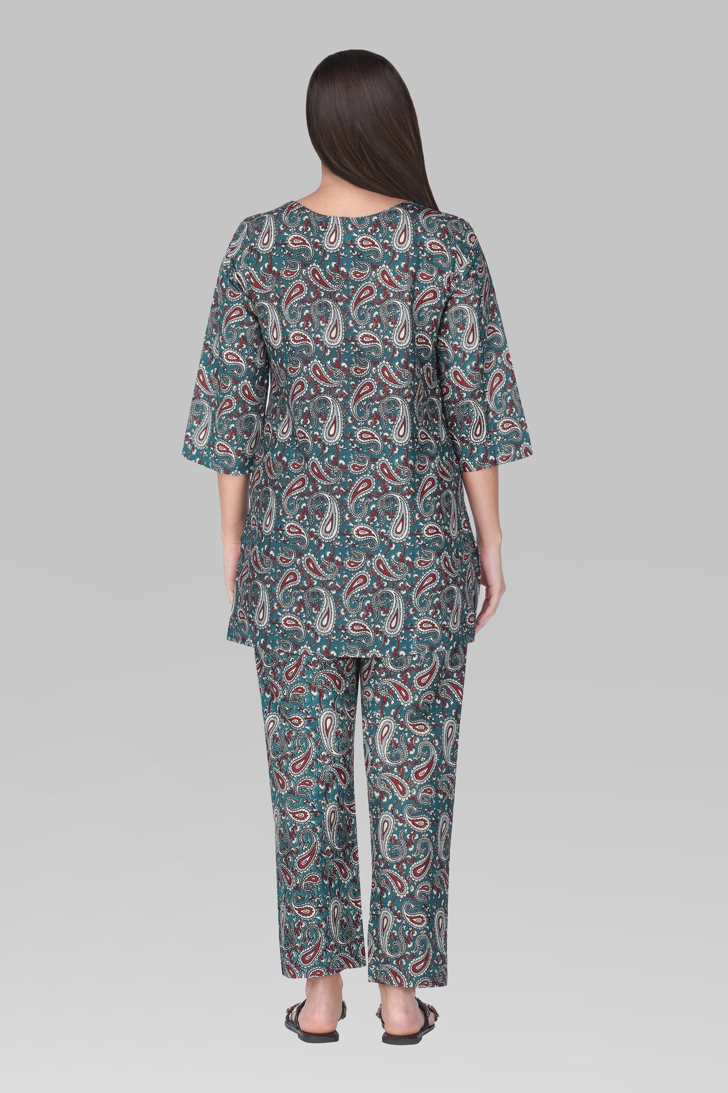 Teal Blue Cotton Printed Pyjama Set