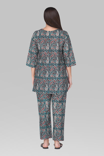 Teal Blue Cotton Printed Pyjama Set