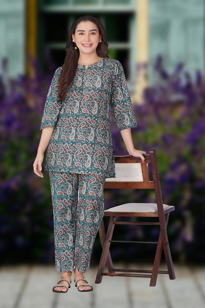 Teal Blue Cotton Printed Pyjama Set