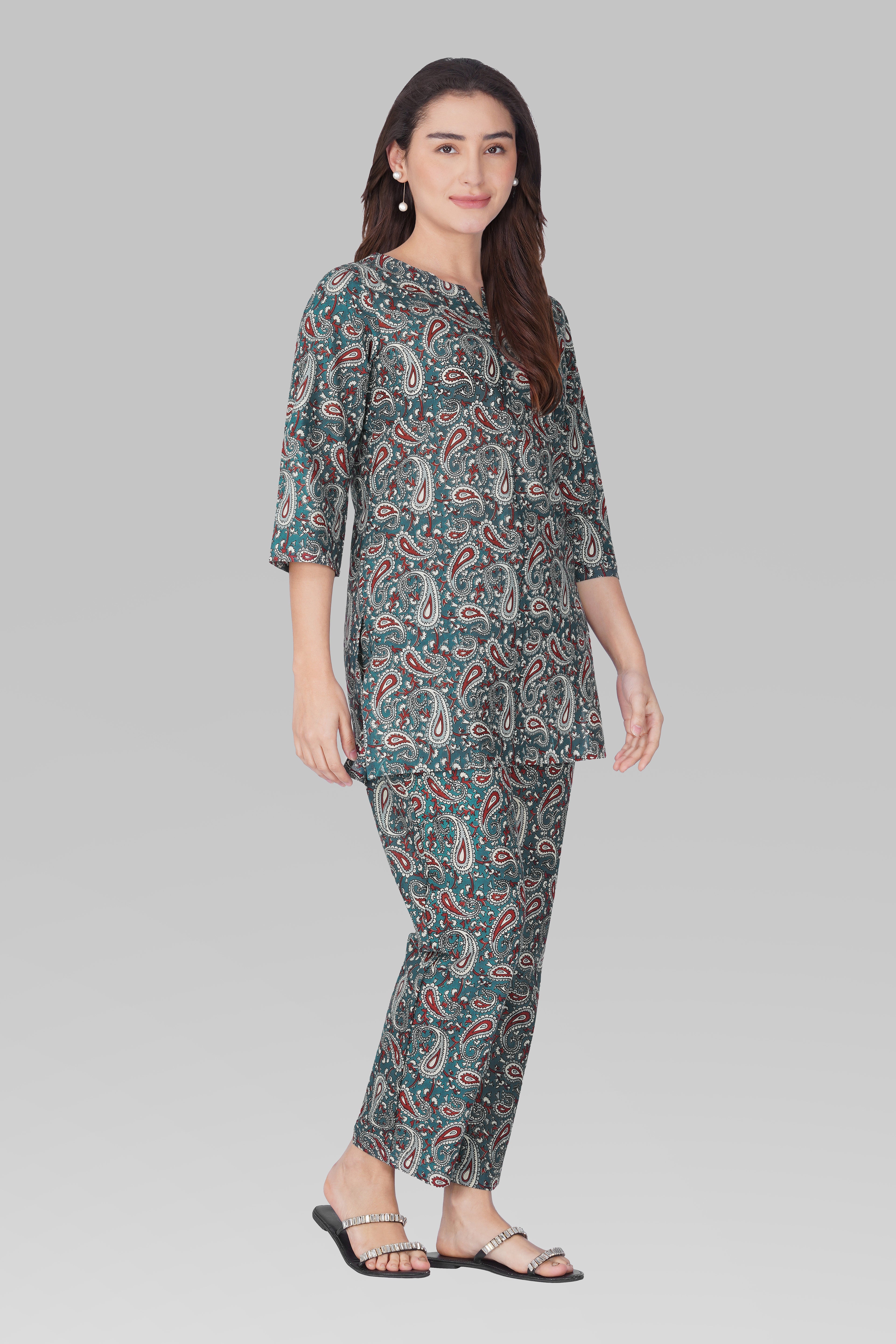 Teal Blue Cotton Printed Pyjama Set
