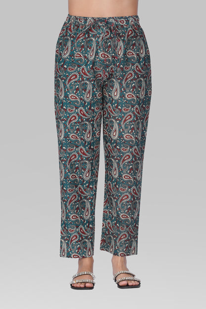 Teal Blue Cotton Printed Pyjama Set