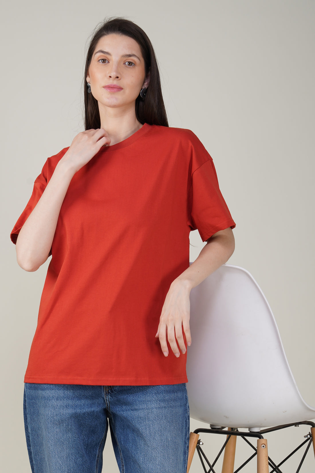 Tomato Red Cotton Oversized Crew Neck T-Shirt