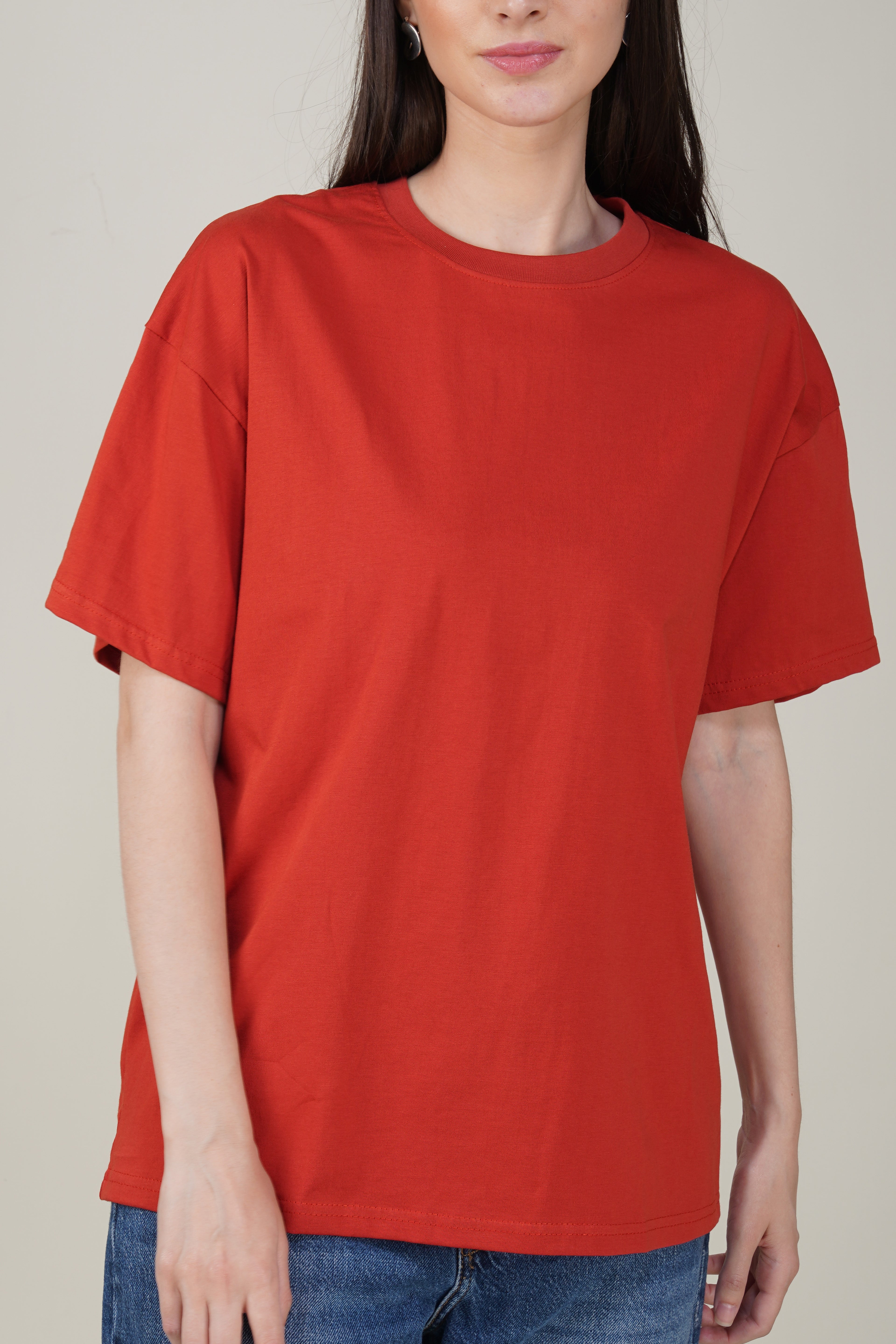 Tomato Red Cotton Oversized Crew Neck T-Shirt