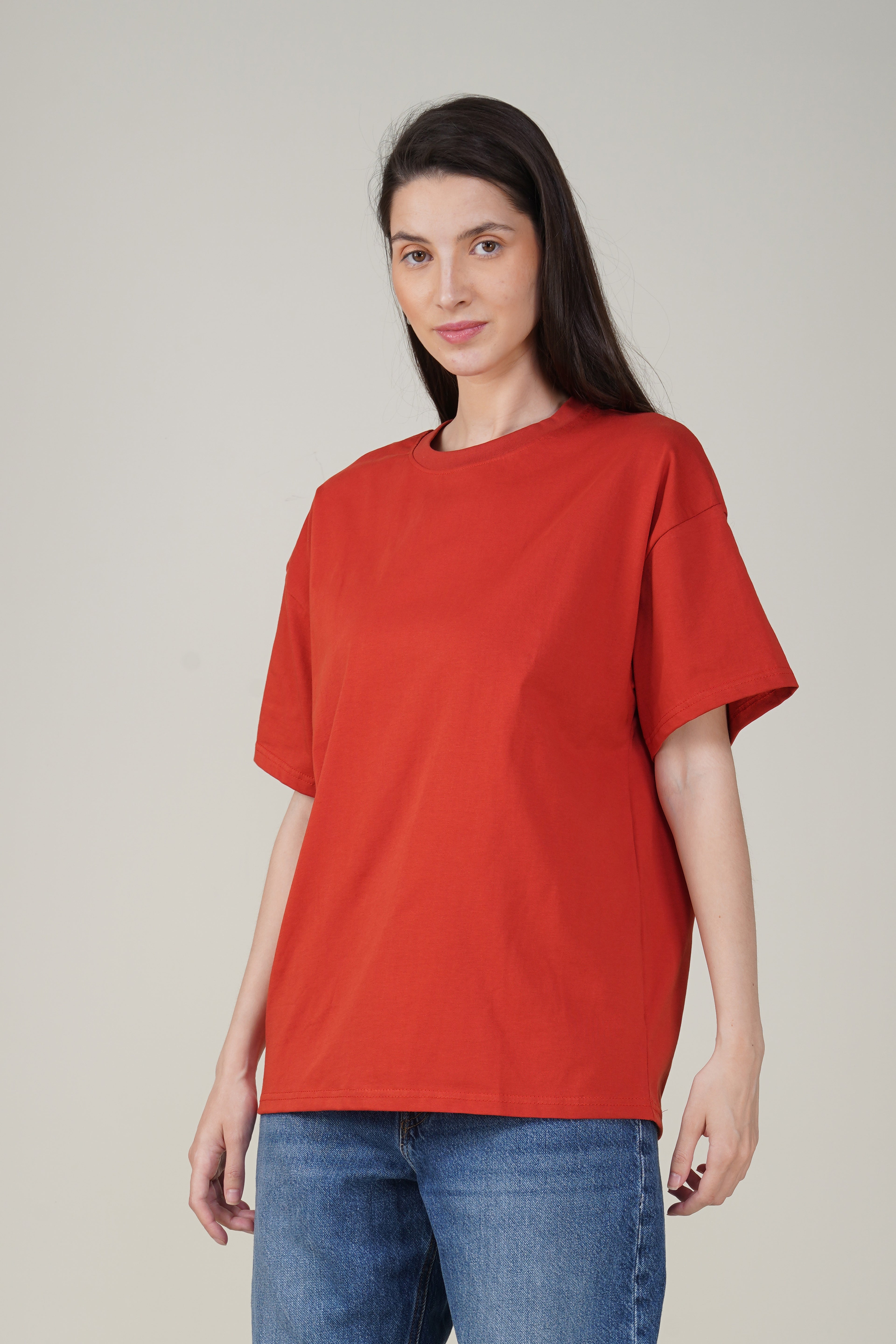 Tomato Red Cotton Oversized Crew Neck T-Shirt