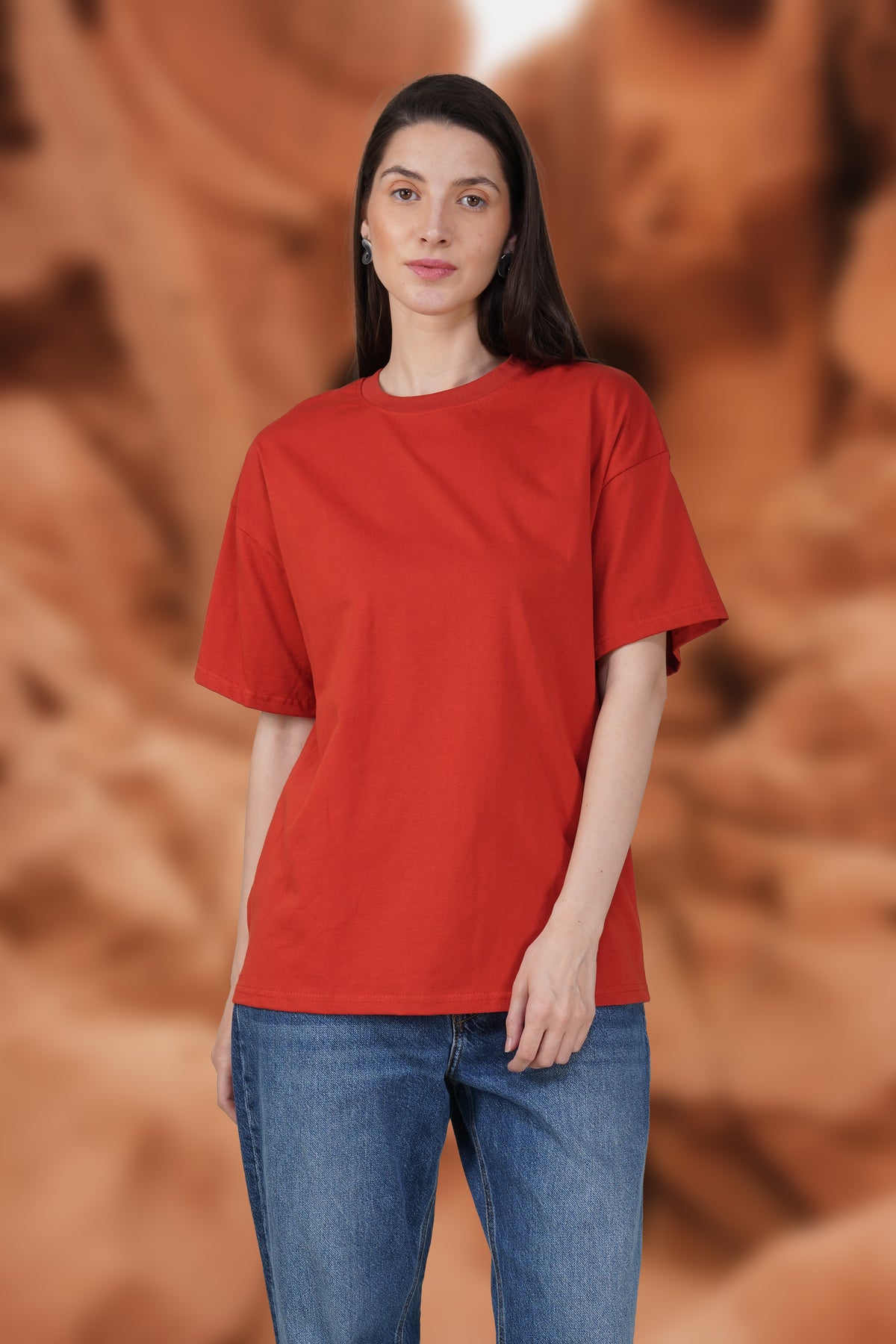 Tomato Red Cotton Oversized Crew Neck T-Shirt