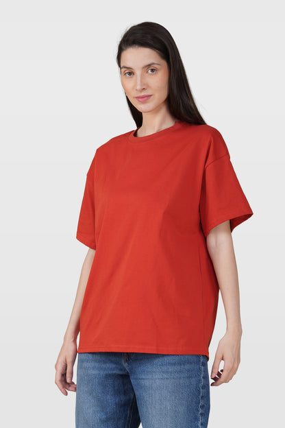 Tomato Red Cotton Oversized Crew Neck T-Shirt