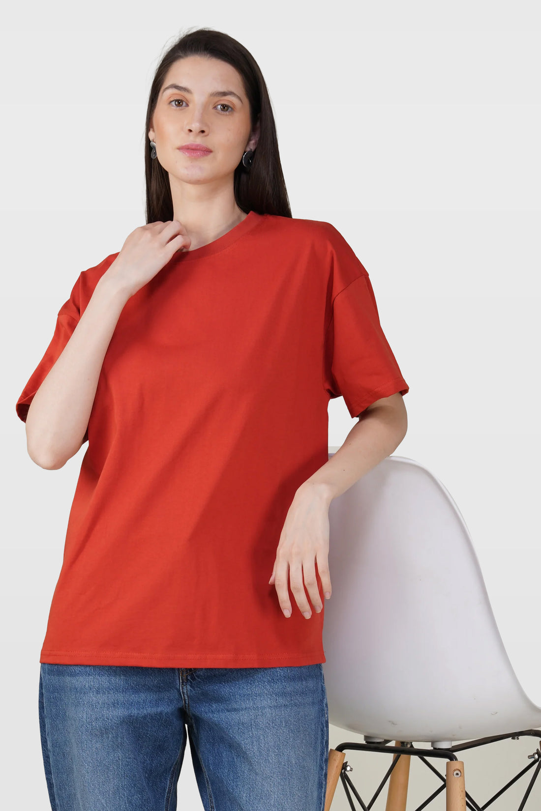 Tomato Red Cotton Oversized Crew Neck T-Shirt