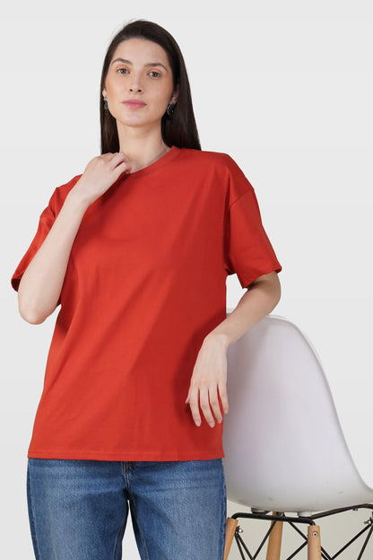 Tomato Red Cotton Oversized Crew Neck T-Shirt