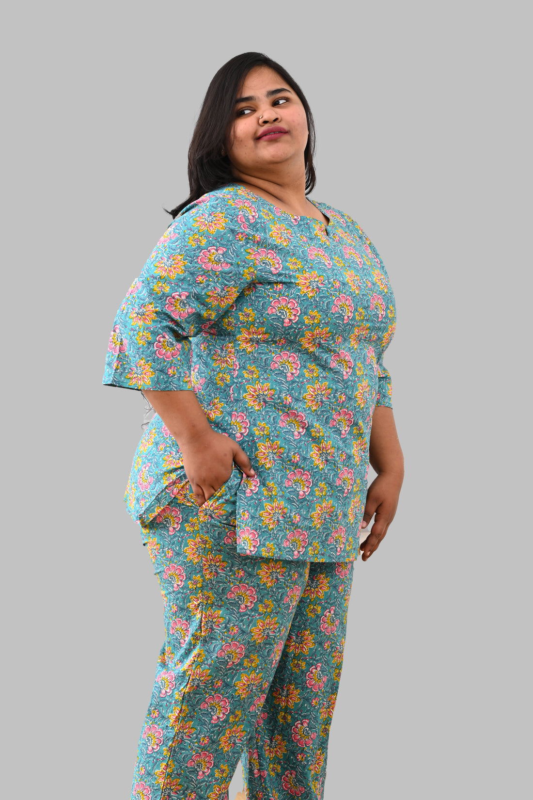 Turquoise Plus Size Cotton Printed Pyjama Set