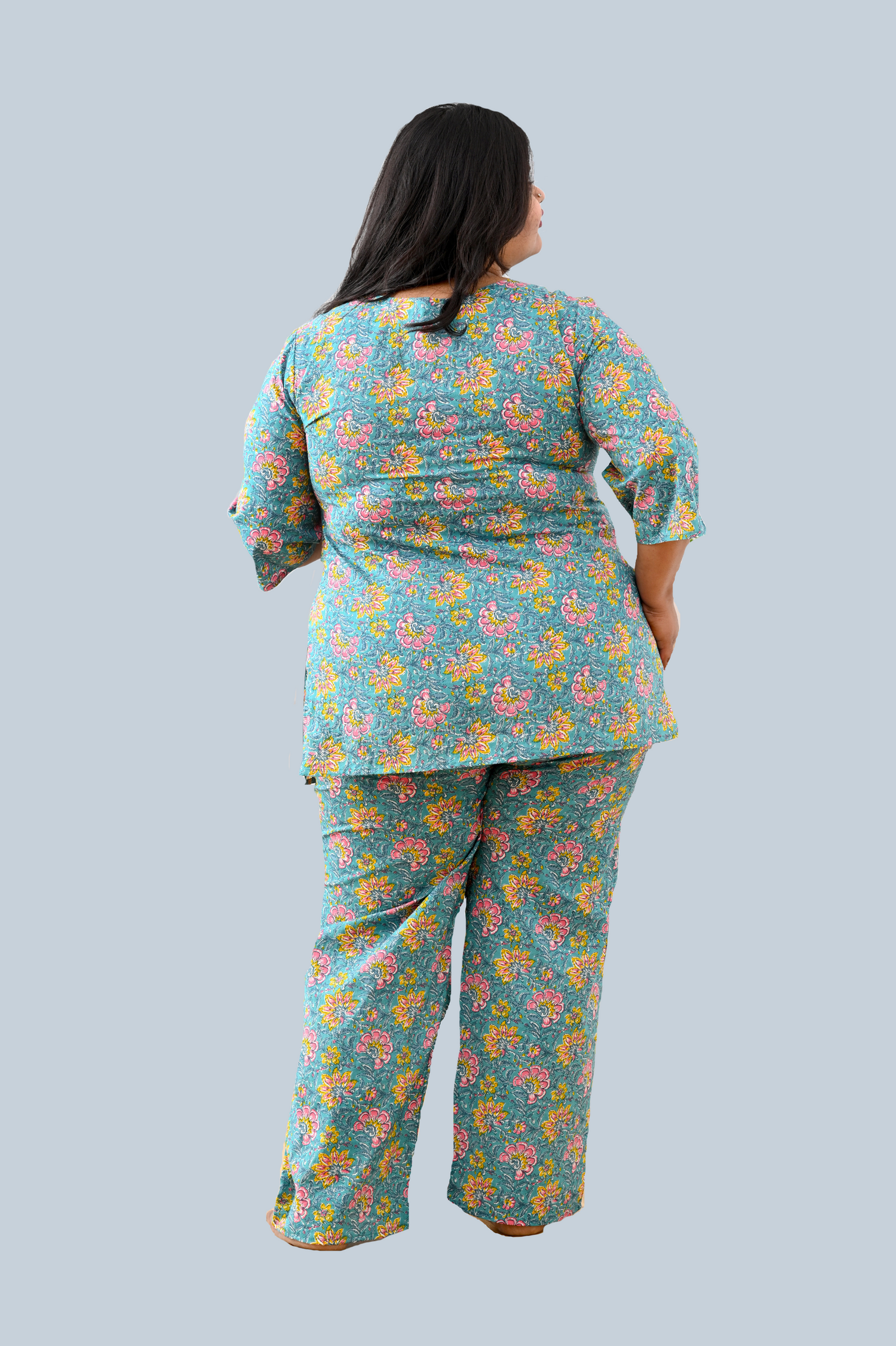Turquoise Plus Size Cotton Printed Pyjama Set