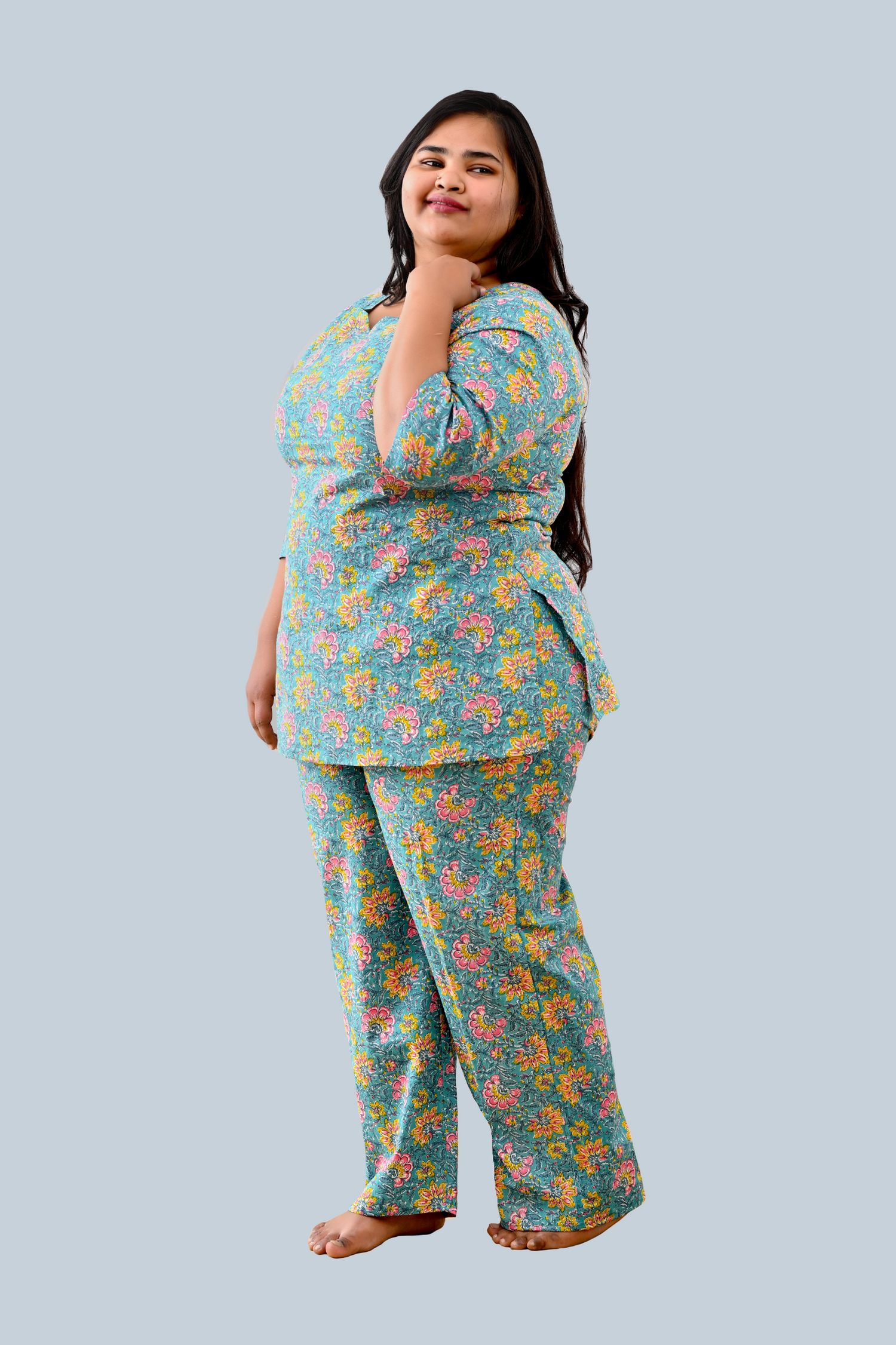 Turquoise Plus Size Cotton Printed Pyjama Set