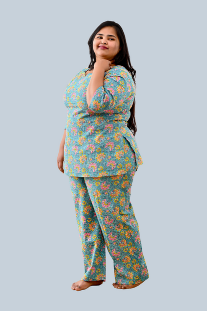 Turquoise Plus Size Cotton Printed Pyjama Set