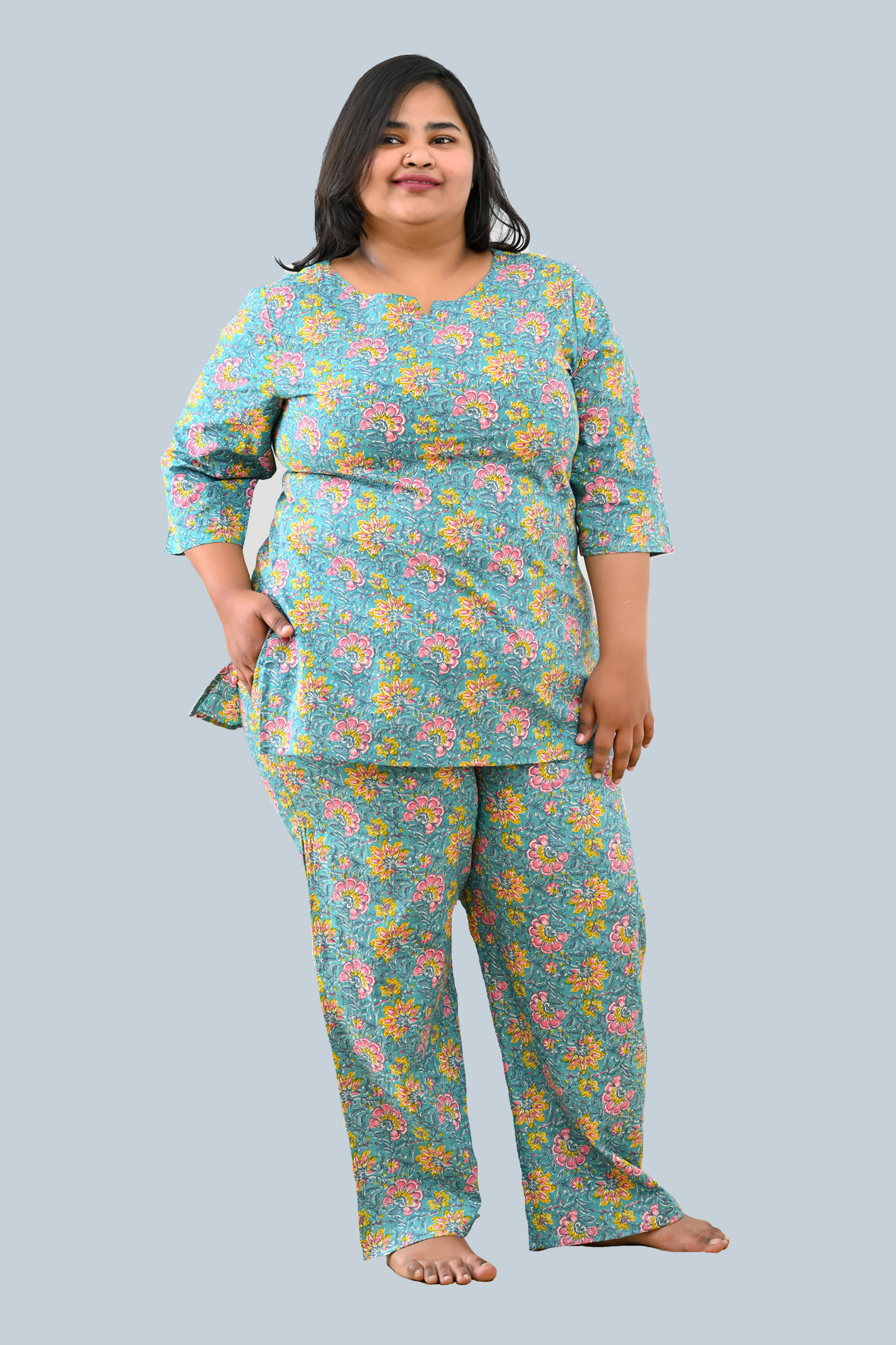 Turquoise Plus Size Cotton Printed Pyjama Set