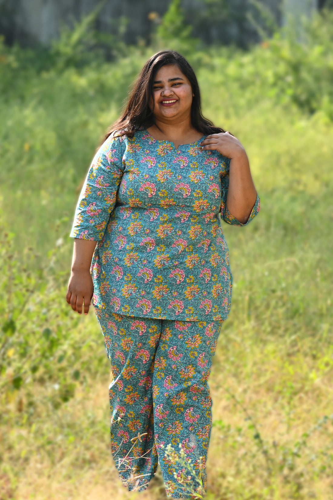 Turquoise Plus Size Cotton Printed Pyjama Set