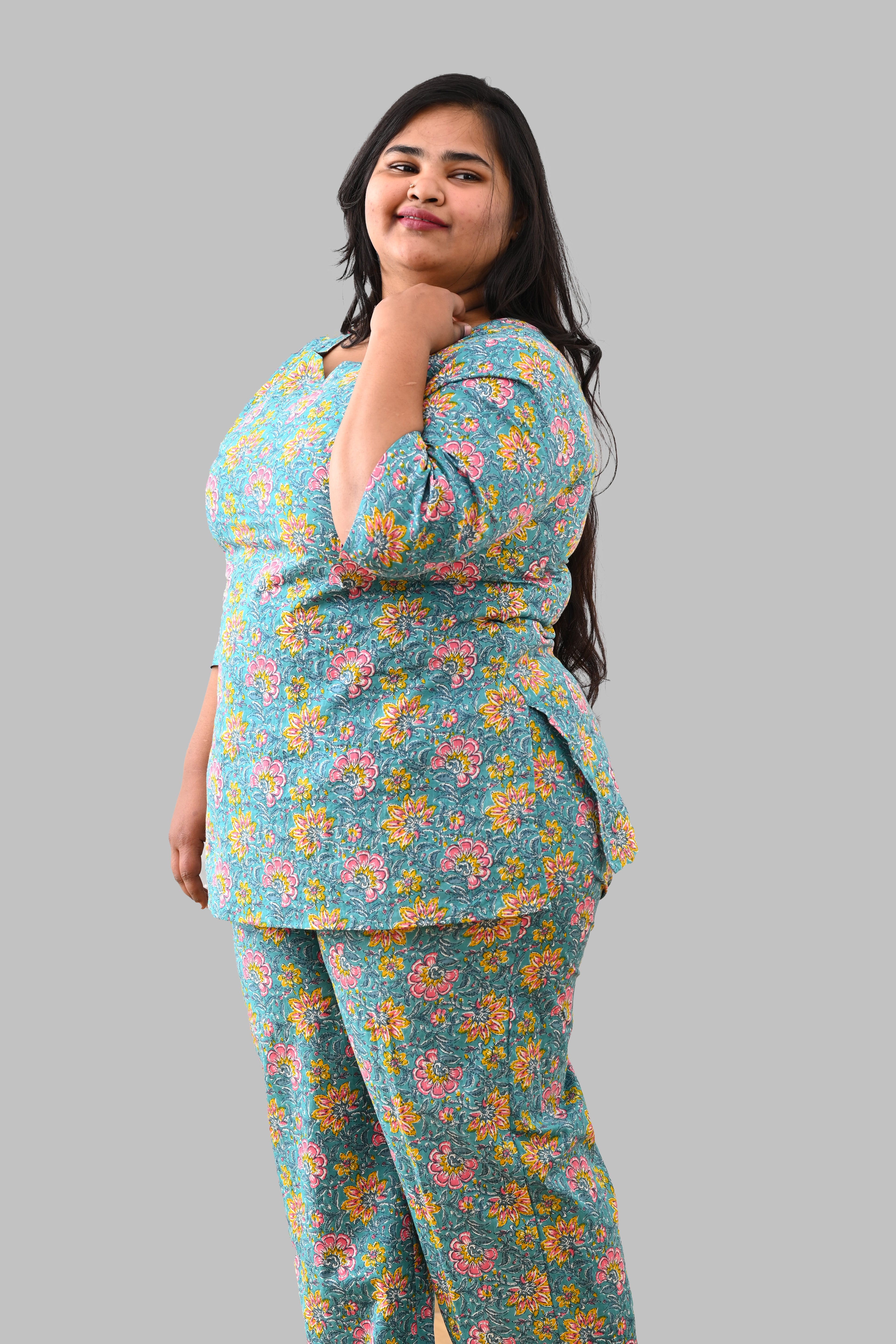 Turquoise Plus Size Cotton Printed Pyjama Set