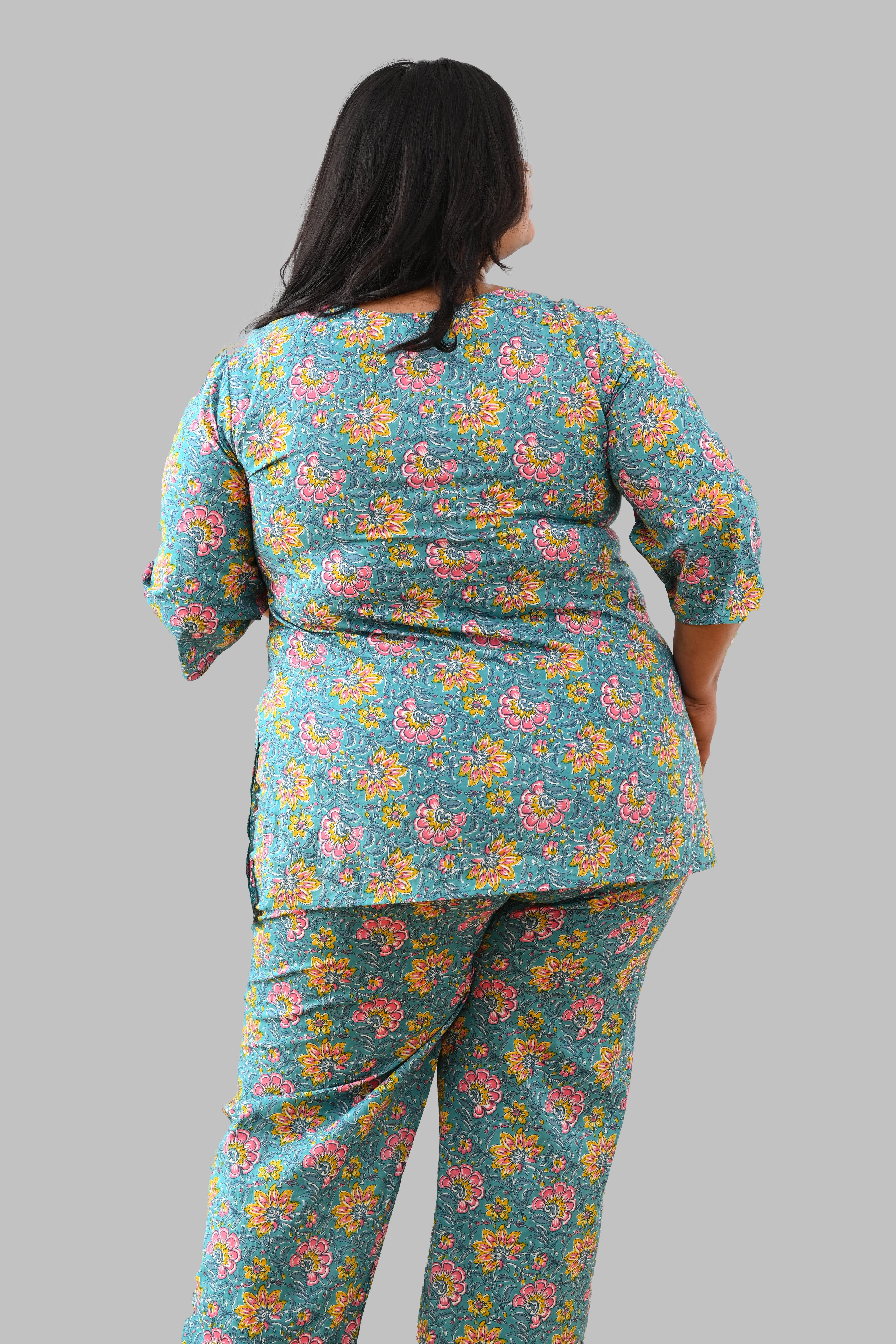 Turquoise Plus Size Cotton Printed Pyjama Set