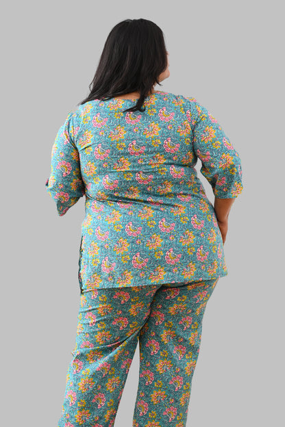 Turquoise Plus Size Cotton Printed Pyjama Set