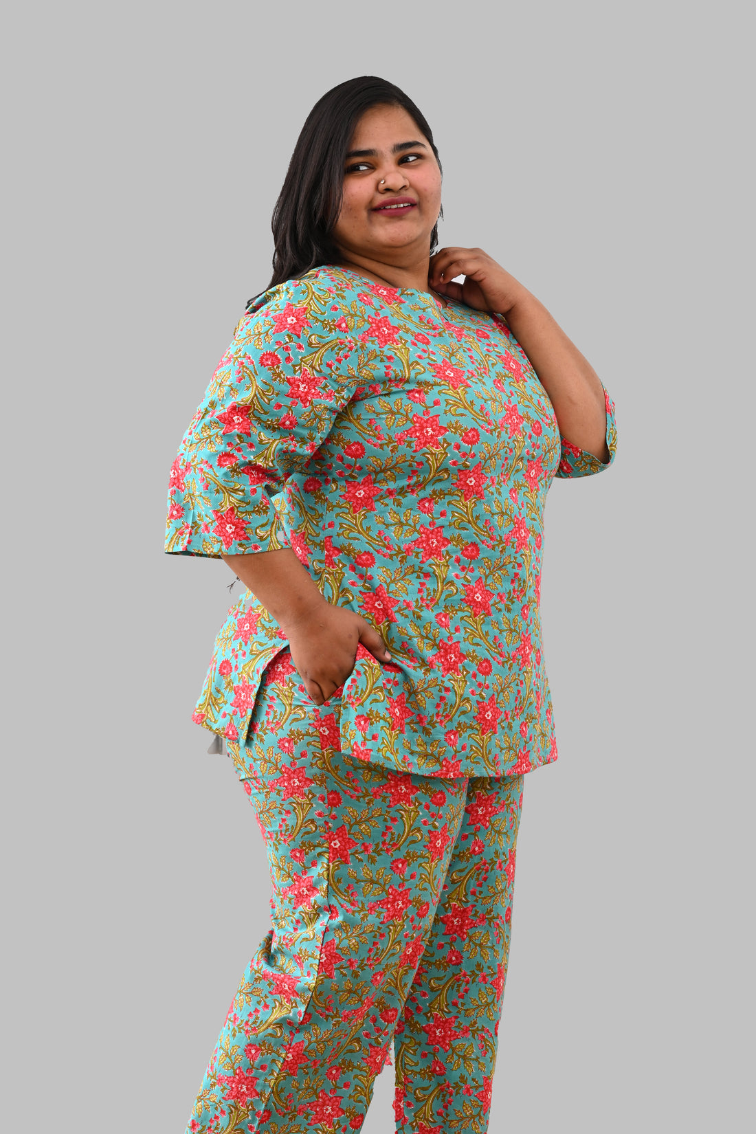 Vintage Blue Plus Size Cotton Printed Pyjama Set