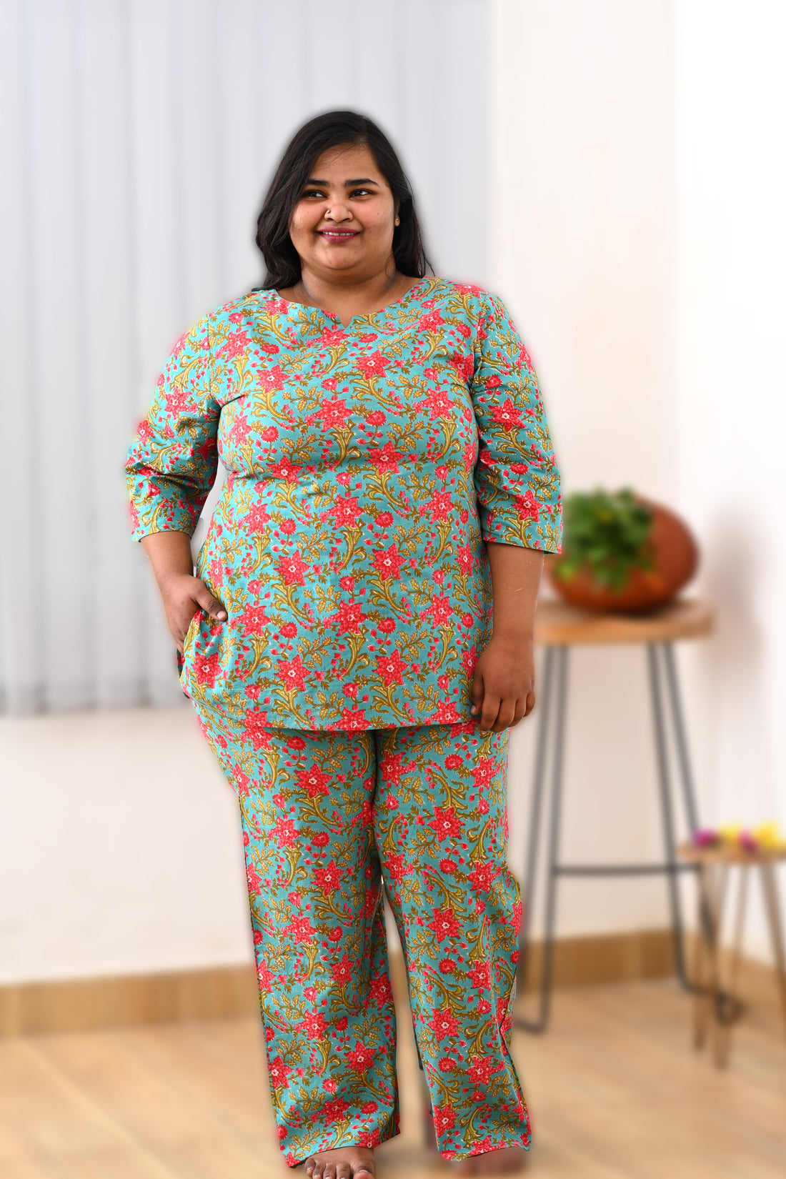 Vintage Blue Plus Size Cotton Printed Pyjama Set