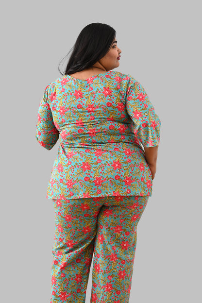 Vintage Blue Plus Size Cotton Printed Pyjama Set