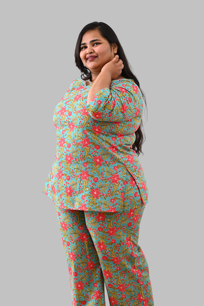 Vintage Blue Plus Size Cotton Printed Pyjama Set