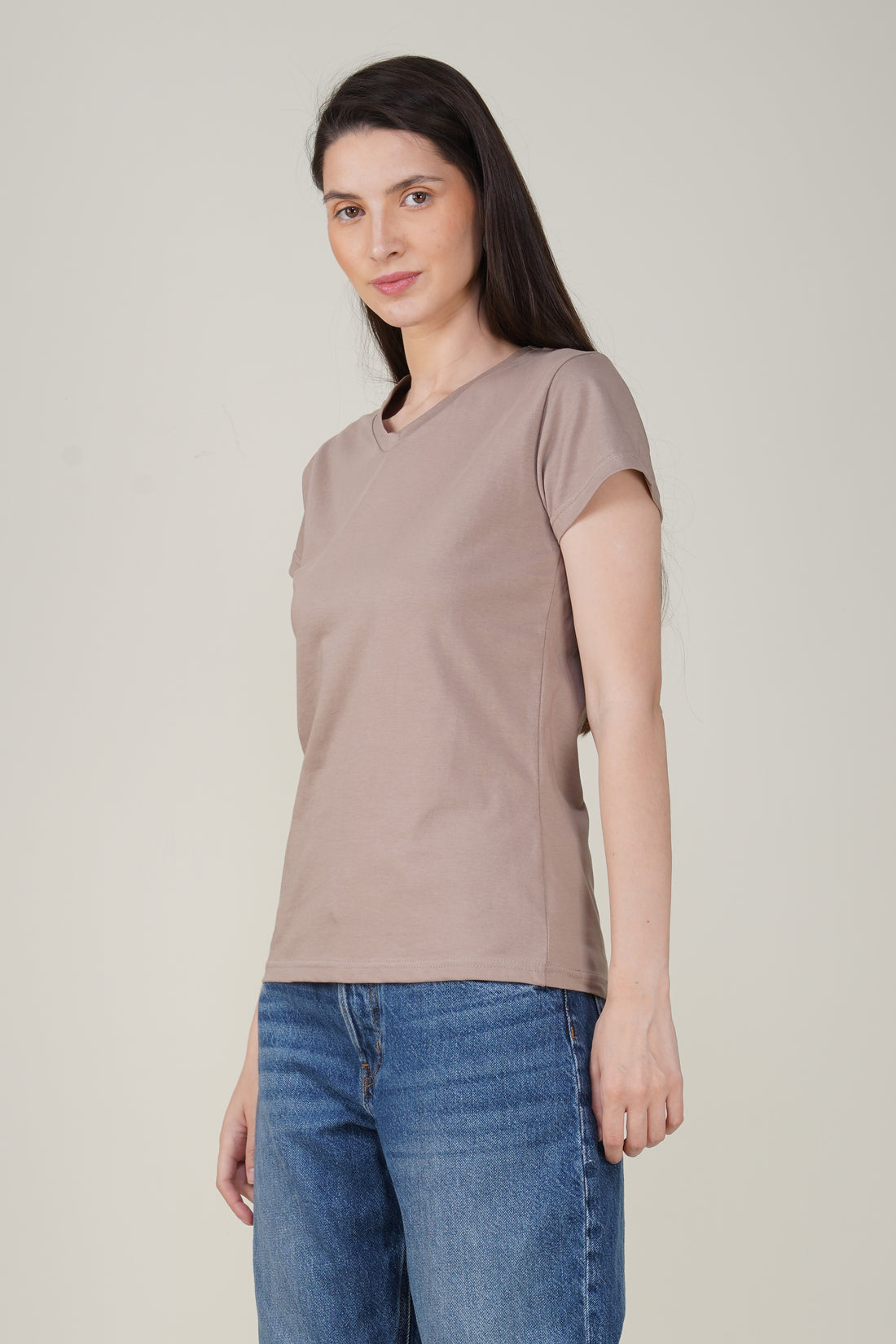 Warm Grey Cotton V-Neck T-Shirt