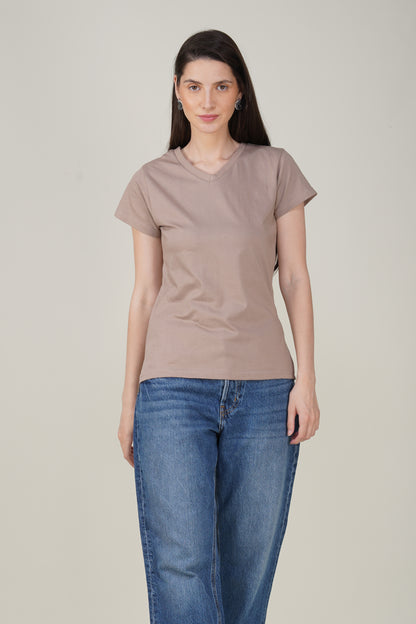 Warm Grey Cotton V-Neck T-Shirt
