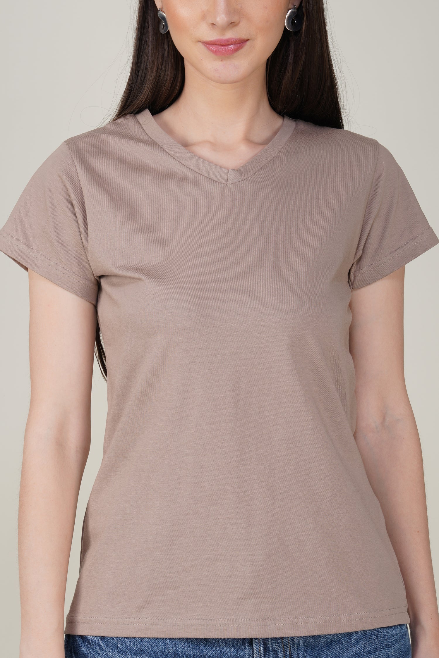 Warm Grey Cotton V-Neck T-Shirt