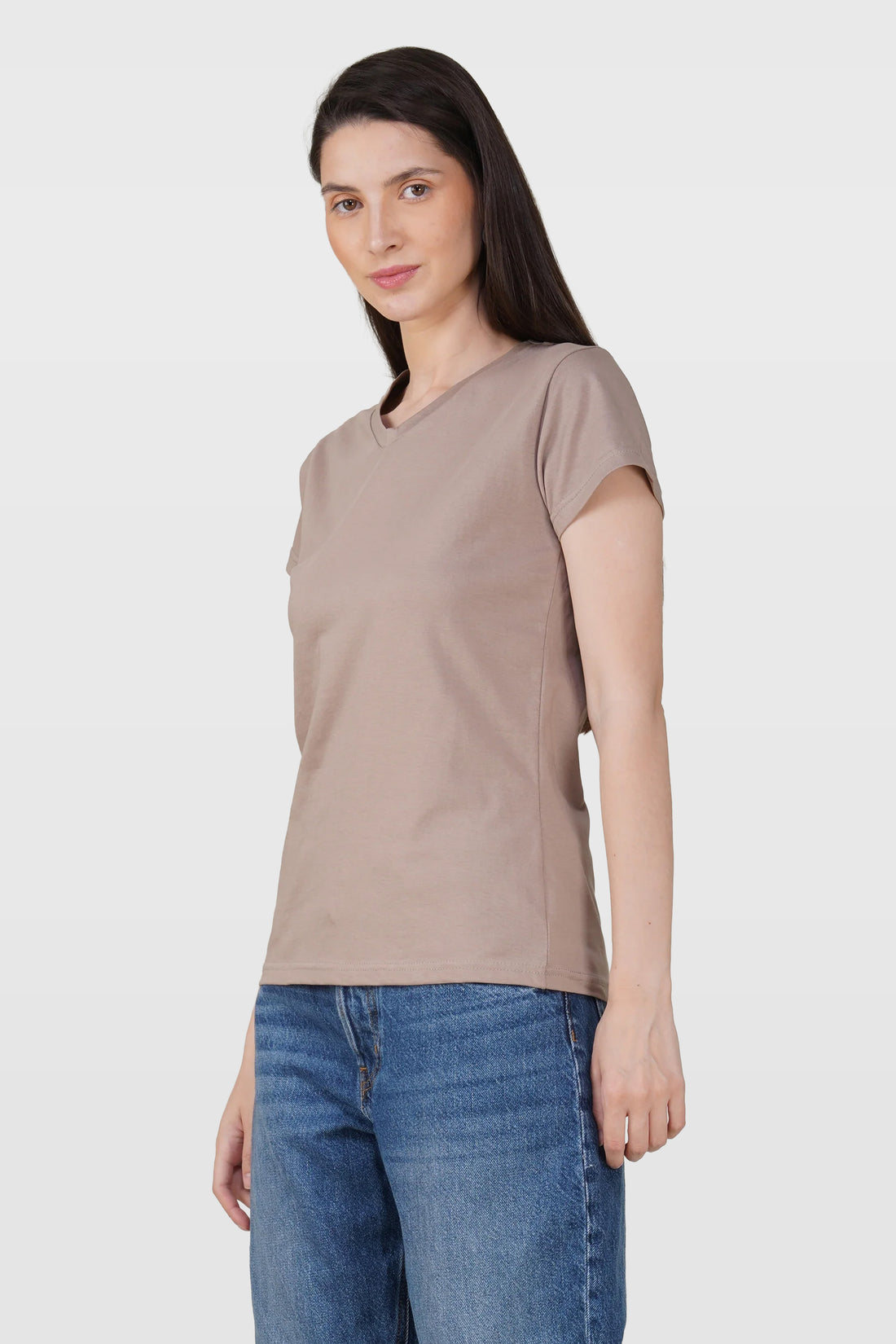 Warm Grey Cotton V-Neck T-Shirt