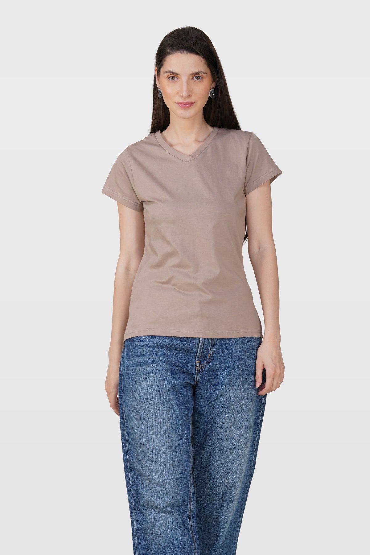 Warm Grey Cotton V-Neck T-Shirt