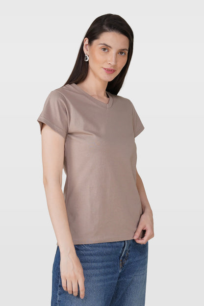 Warm Grey Cotton V-Neck T-Shirt
