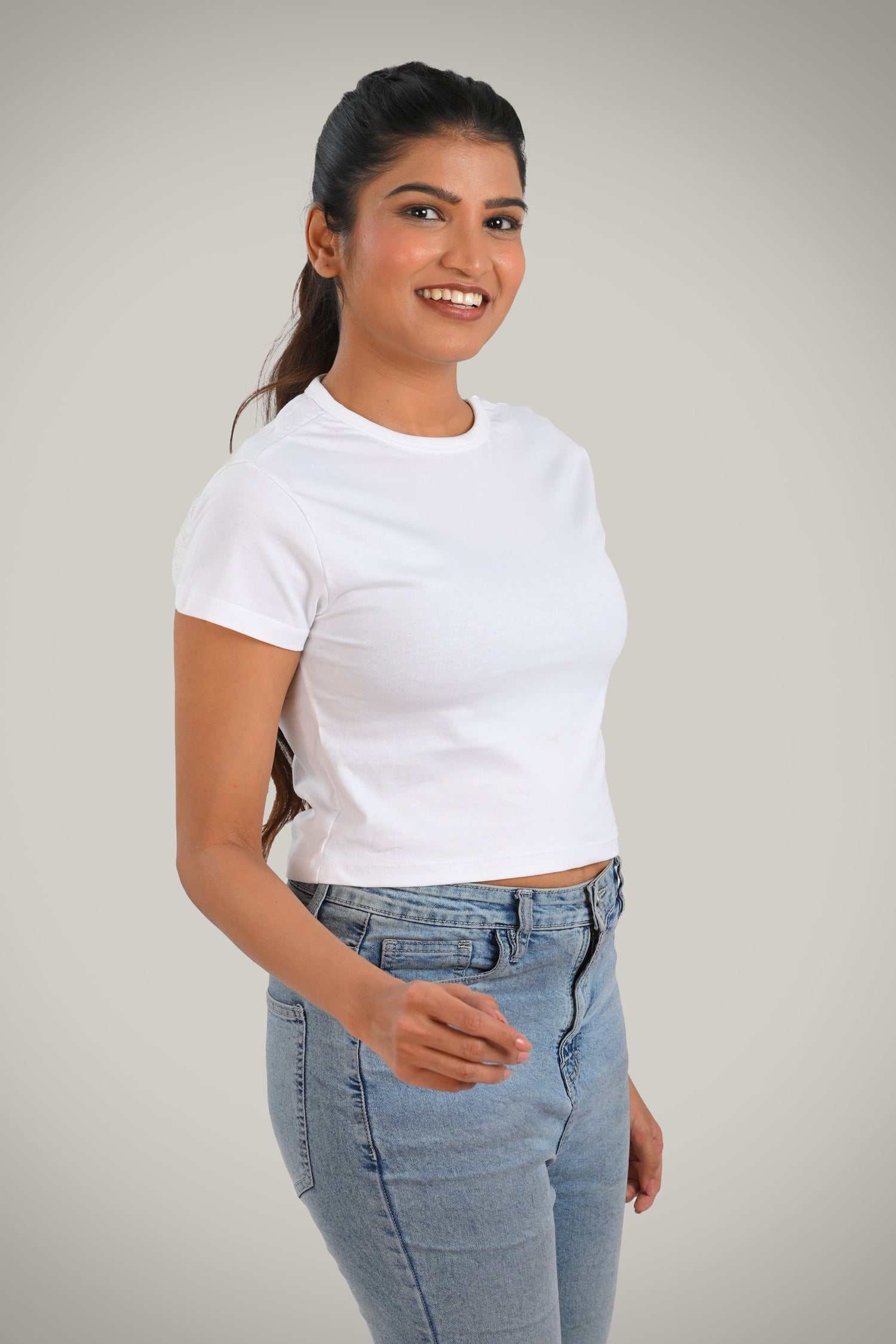 White Cotton Crop Crew Neck T-Shirt