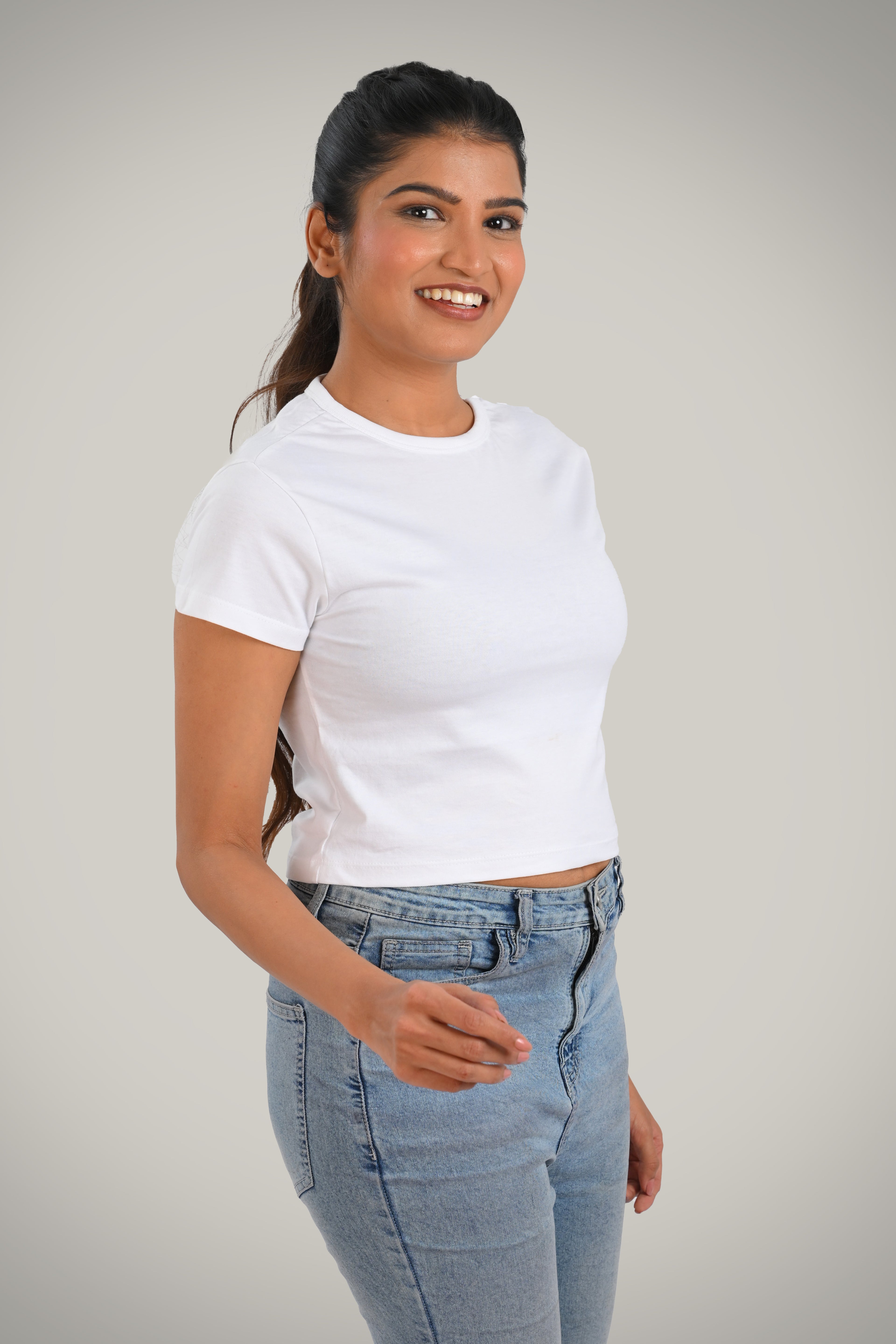 White Cotton Crop Crew Neck T-Shirt