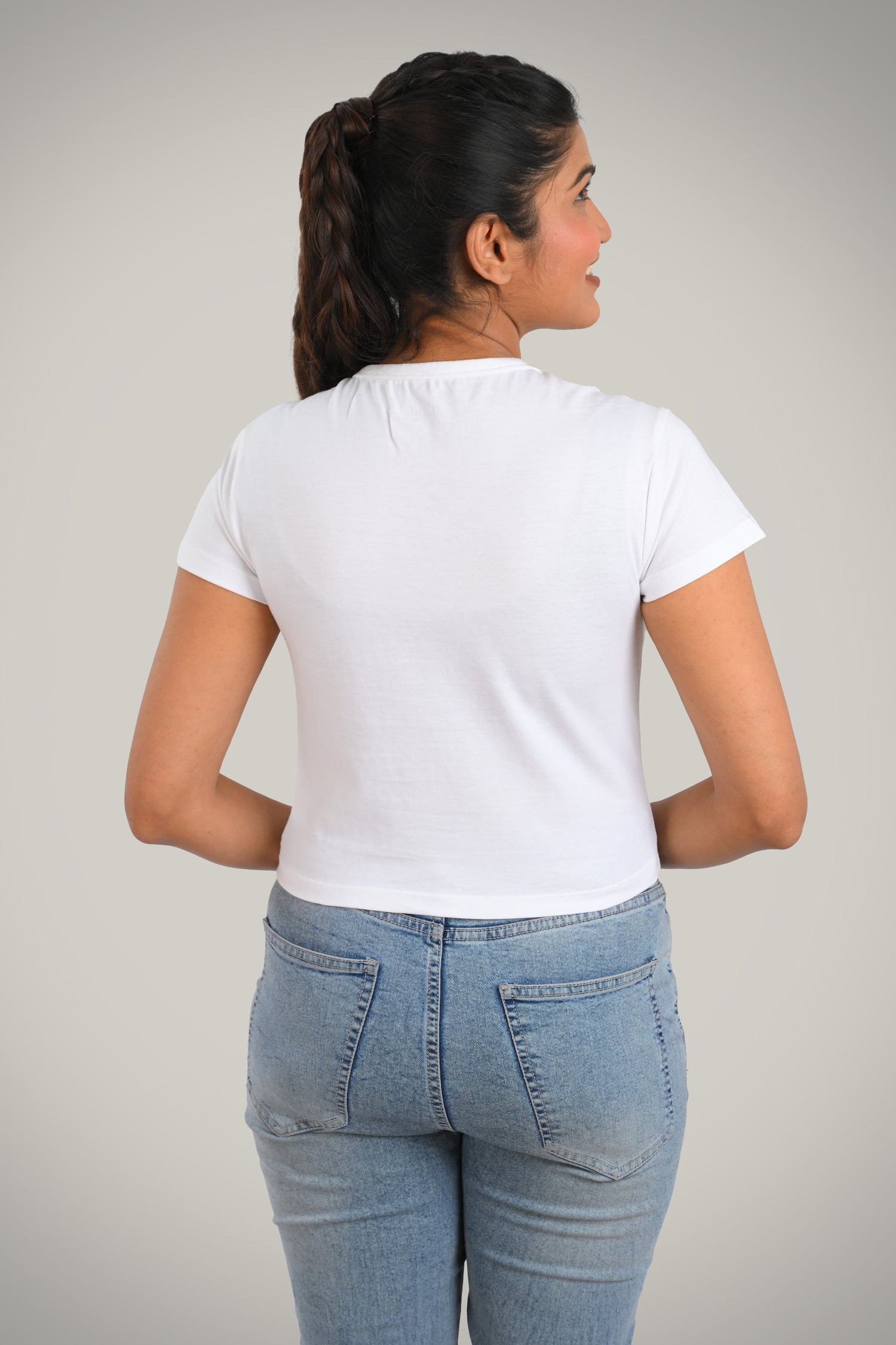 White Cotton Crop Crew Neck T-Shirt