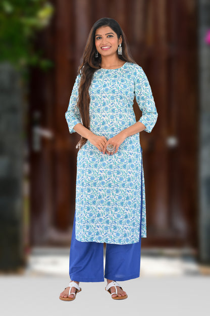 White Cotton Printed Kurta Set