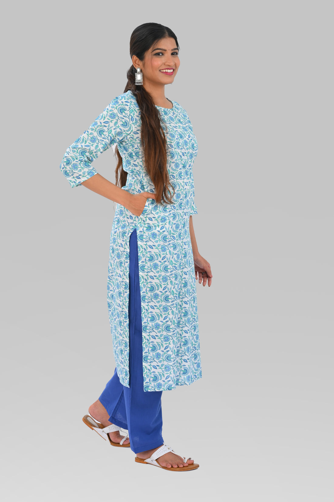 White Cotton Printed Kurta Set