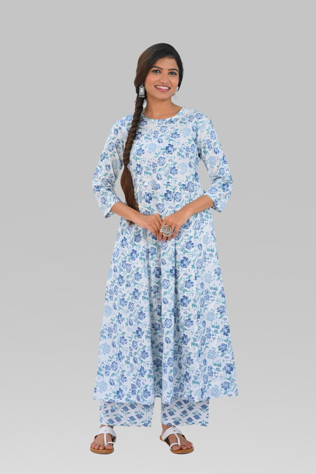 White Cotton Printed Kurta Set