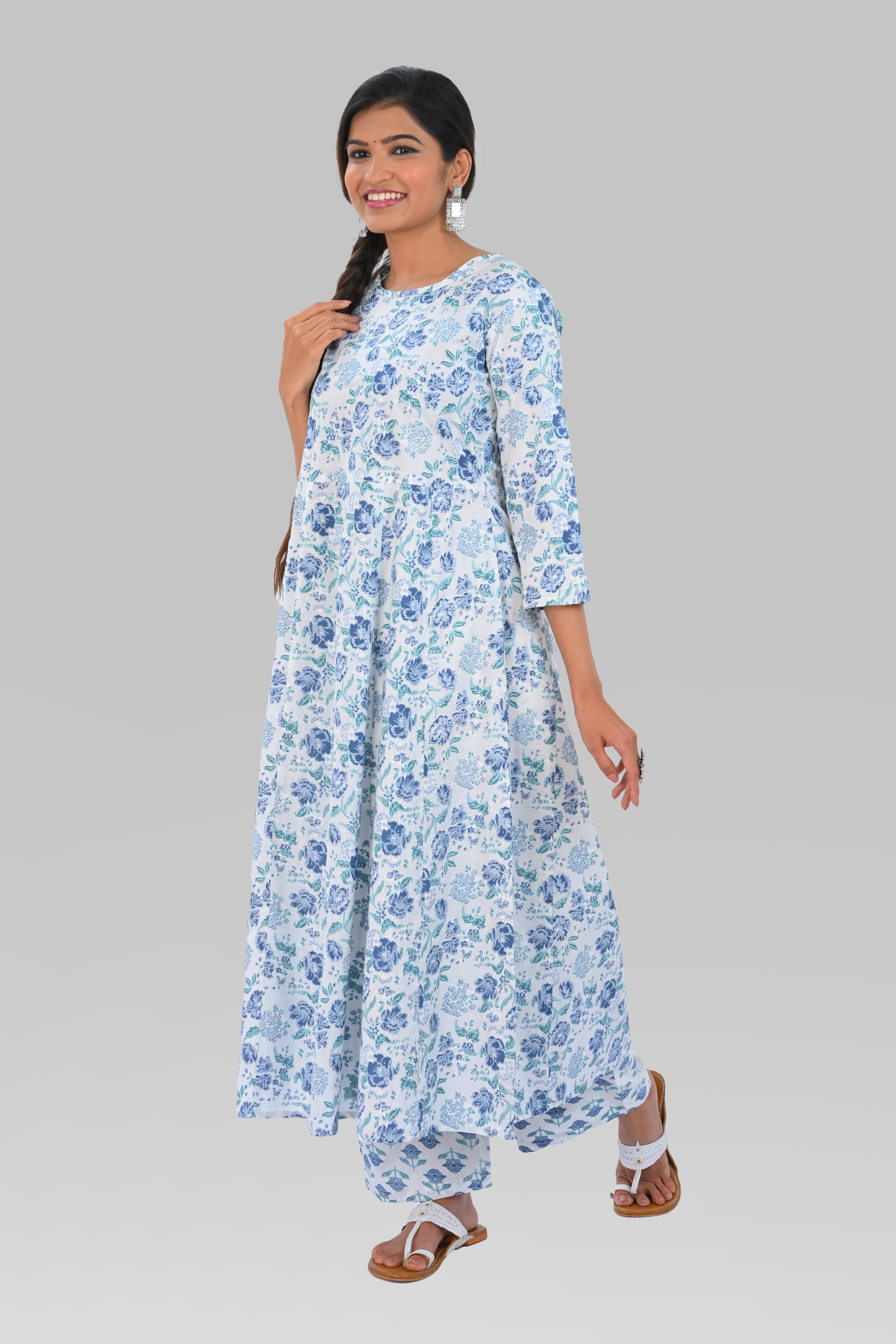 White Cotton Printed Kurta Set