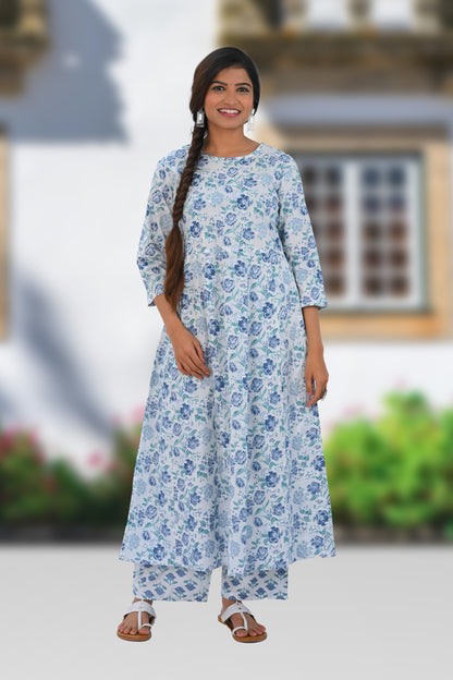 White Cotton Printed Kurta Set