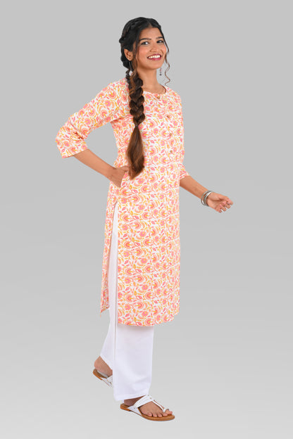 White Cotton Printed Long Kurta